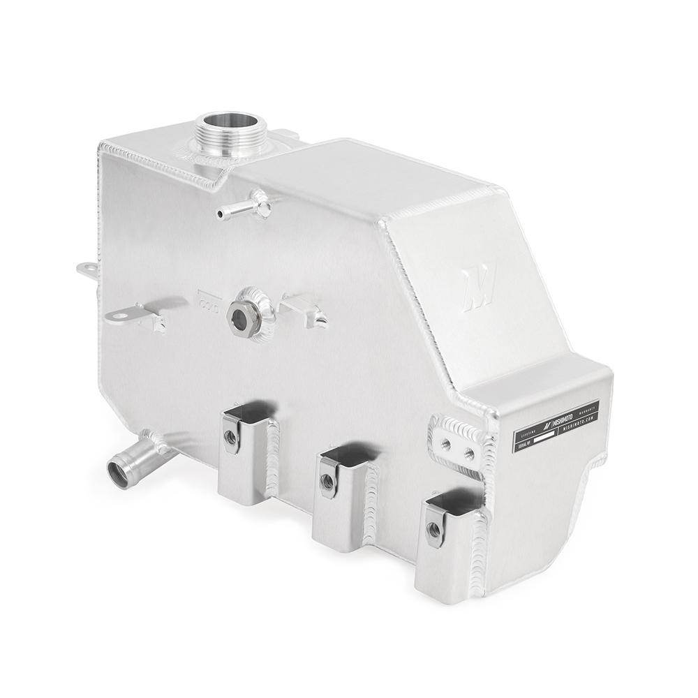 Fully-welded Mishimoto aluminum degas tank kit shown with mounting brackets and coolant hose