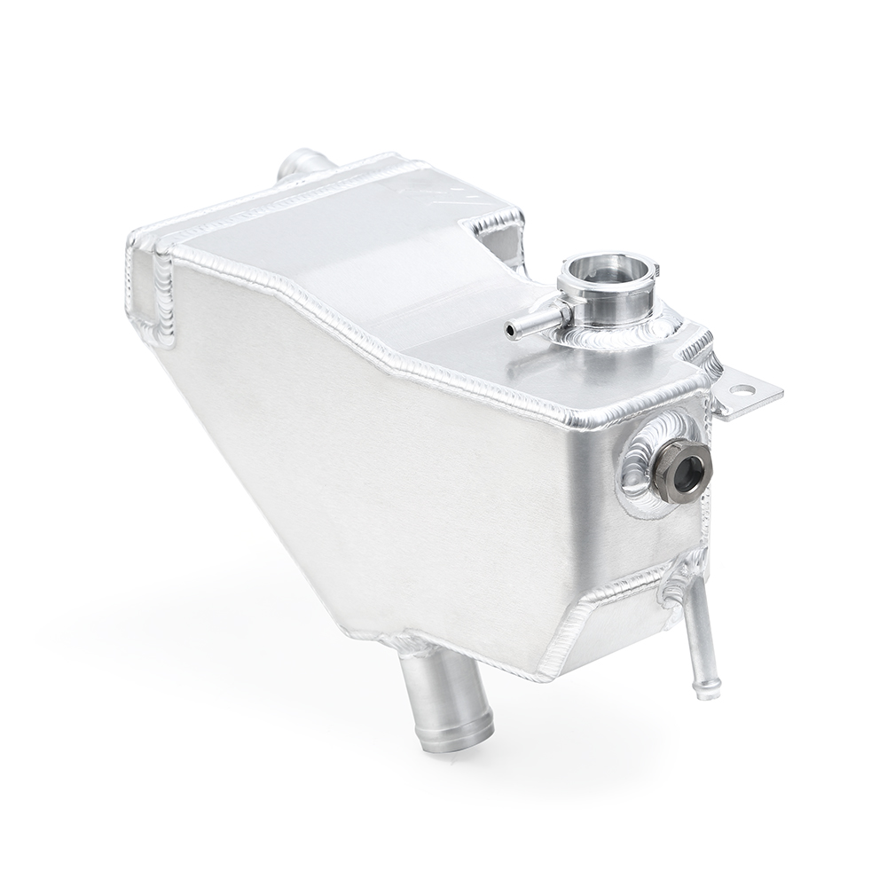 Natural finish Mishimoto aluminum degas tank ready for powder-coating, anodizing, or hydro-dipping