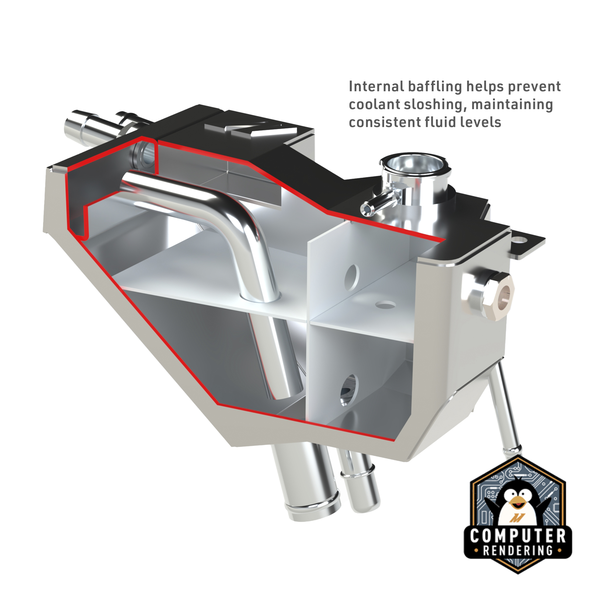 Internal baffle design inside Mishimoto degas tank preventing coolant aeration