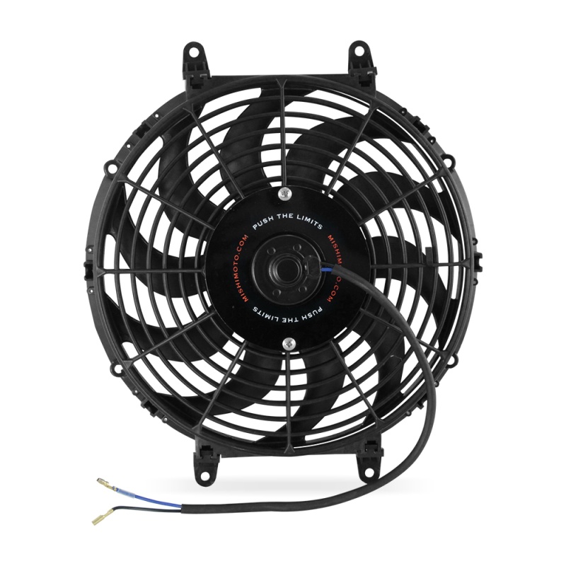 Mishimoto cooling fan showing curved plastic blades and slim 2.5-inch profile