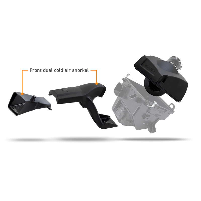 Injection-molded MAF housing on Mishimoto air intake calibrated for accurate MAF sensor readings