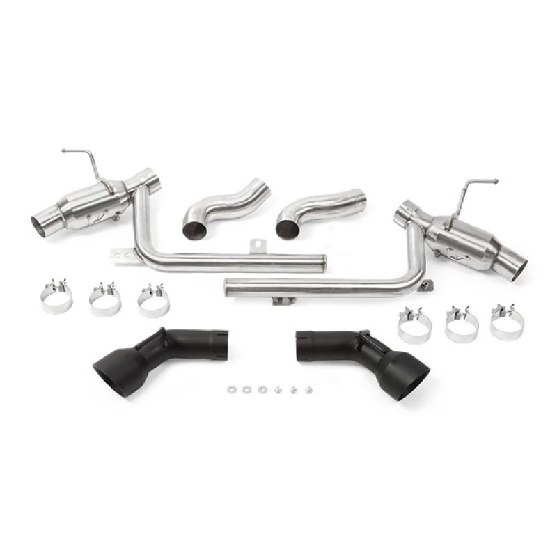 Dual 4.5-inch matte black exhaust tips on Mishimoto Camaro SS axleback exhaust system