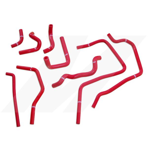 Complete set of 9 red Mishimoto silicone hoses included in the WRX ancillary hose kit