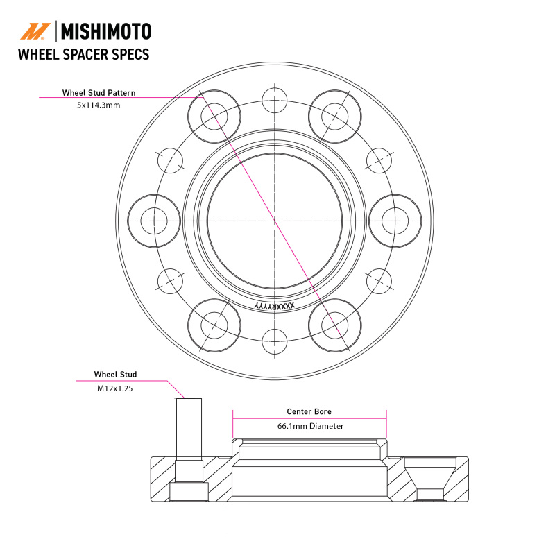Close-up of Mishimoto 5x108 wheel spacer, 63.4mm bore, black finish for tire and wheel accessories