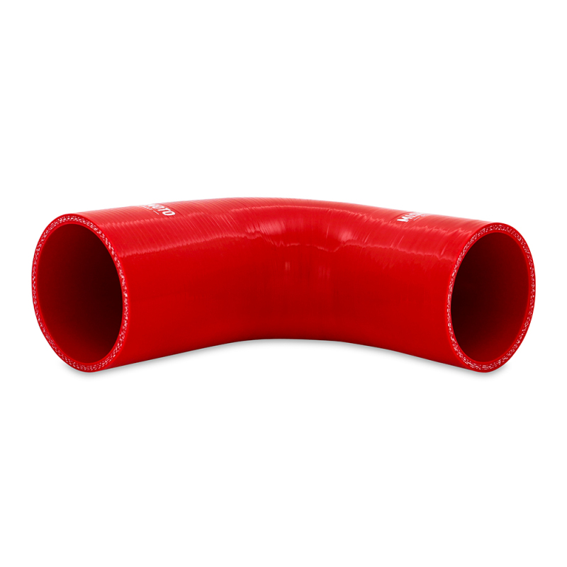 Red silicone 90-degree coupler transitioning 2.00-in to 2.25-in tubing by Mishimoto
