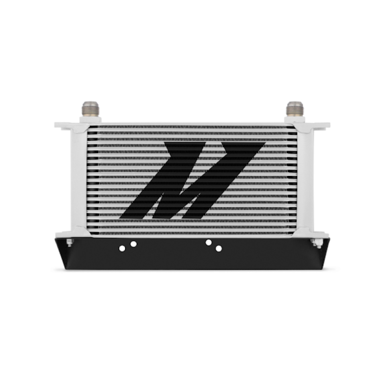 Complete Mishimoto oil cooler kit components including mounting bracket and hardware set