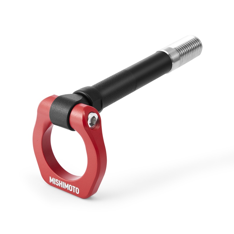 Front view of Mishimoto Red Racing Tow Hook for Nissan Z