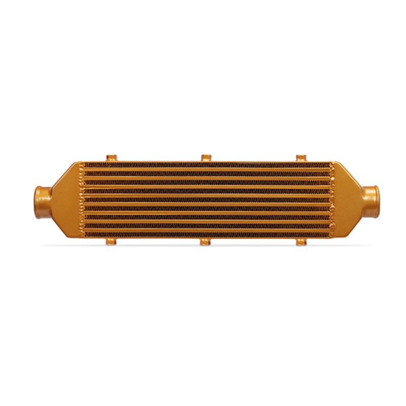 Mishimoto logo displayed on one side of the Bold Gold universal intercooler core