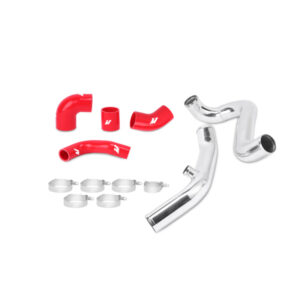 Mishimoto polished aluminum forced induction intercooler pipe kit with red silicone couplers for Mitsubishi Lancer Evolution 7/8/9