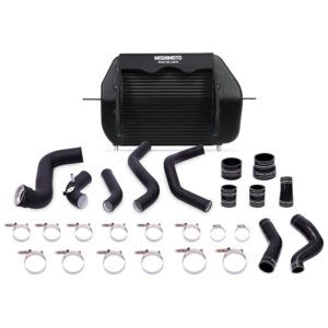 Mishimoto black aluminum intercooler for 2011-2014 Ford F-150 EcoBoost with angled bar-and-plate core