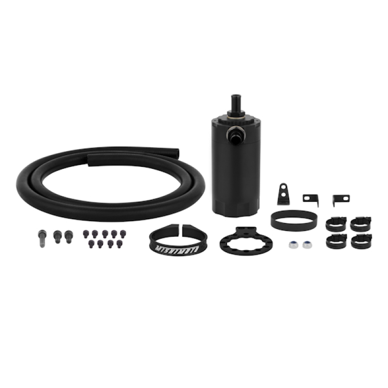 Included components of the Mishimoto Baffled Oil Catch Can kit including hoses and clamps