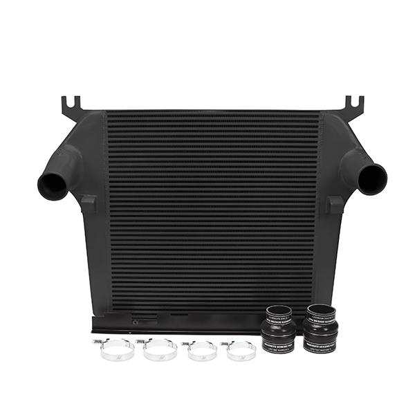 Mishimoto intercooler 3.5-inch male inlet and outlet fittings close-up