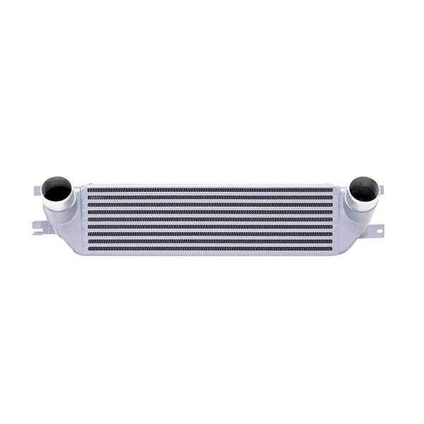 Cast aluminum end tanks with in-tank air diverter on Mishimoto Mustang EcoBoost intercooler