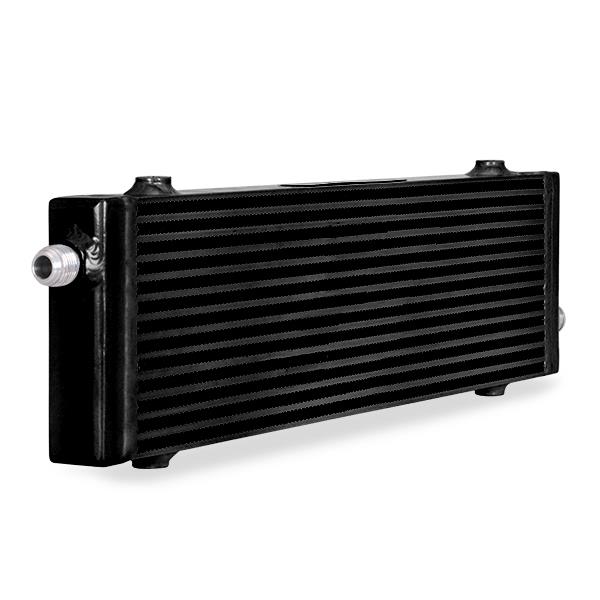 Mishimoto oil cooler with 100-percent aluminum construction and CNC end tanks in black finish