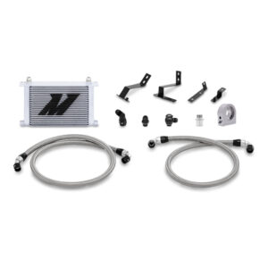 Mishimoto 25-row stacked-plate oil cooler kit for 2016-2024 Chevrolet Camaro SS in Sleek Silver