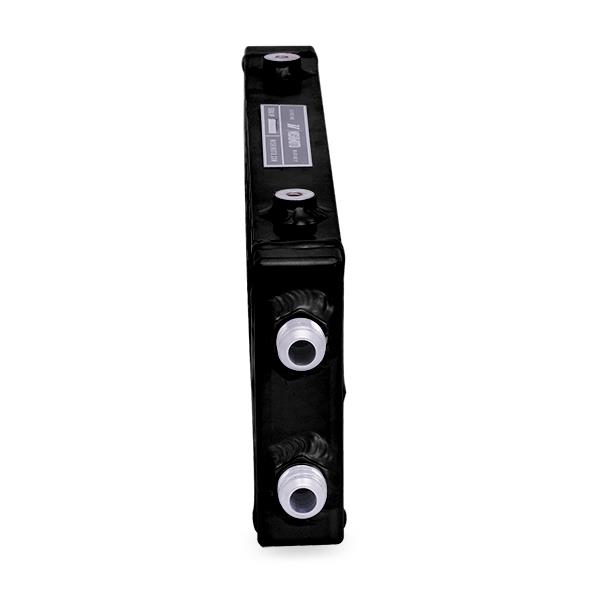 Mishimoto black anodized oil cooler measuring 17.01 in length and 6.3 in height
