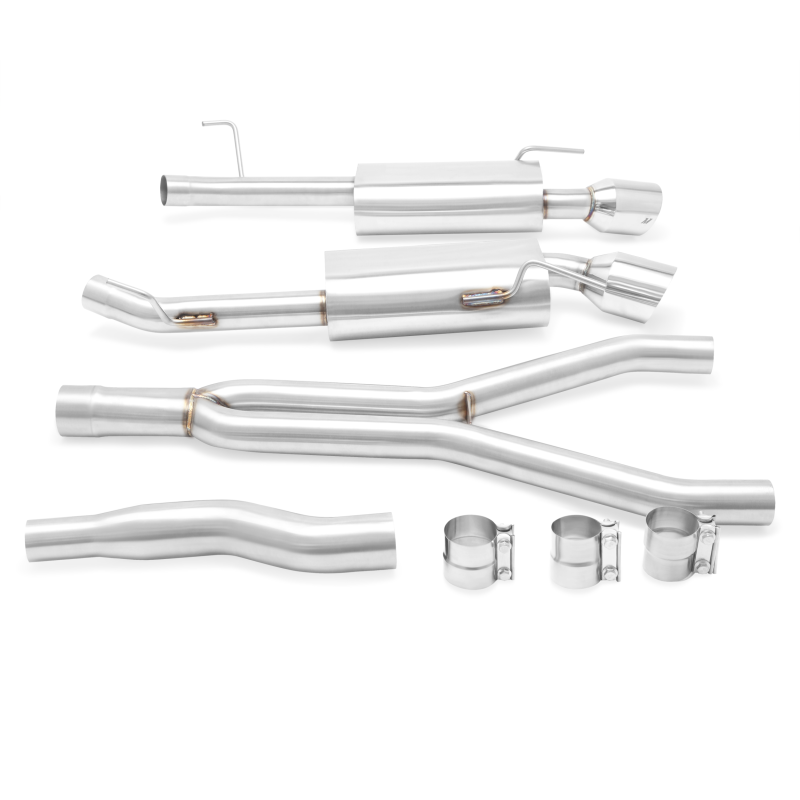 Dual 4.5-inch double-wall polished exhaust tips on Mishimoto Mustang EcoBoost exhaust