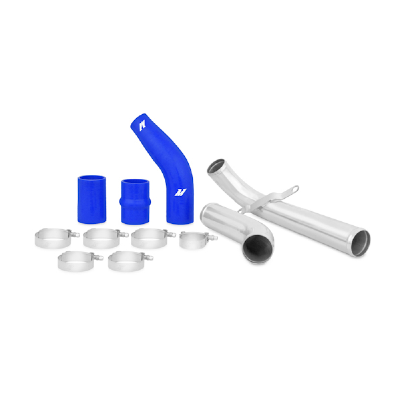 Blue silicone couplers and stainless steel T-bolt clamps on Mishimoto Evo X intercooler pipe kit