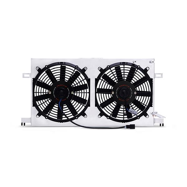 Mishimoto fan shroud kit mounted with stock coolant overflow tank bracket and posts