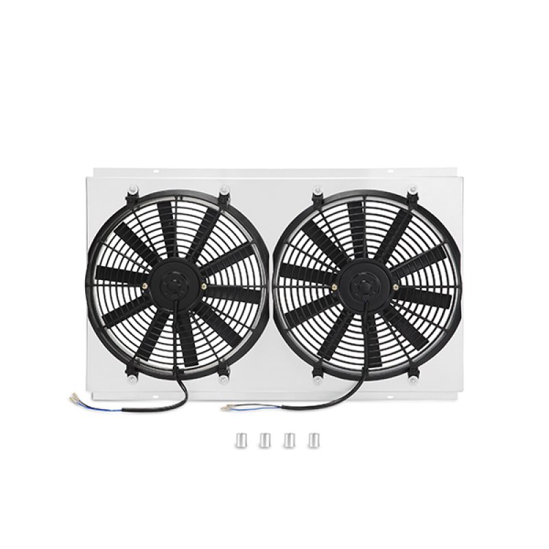 Brushed aluminum Mishimoto fan shroud with black straight-blade plastic fans