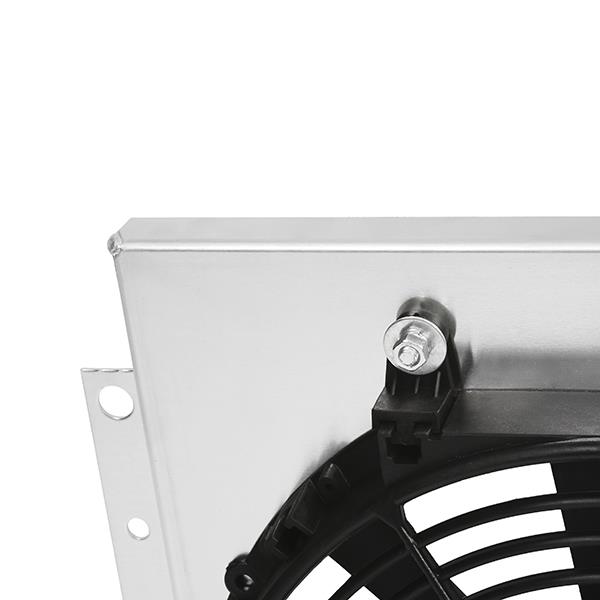 Two 12-inch Mishimoto electric fans producing over 1150 CFM airflow each on shroud