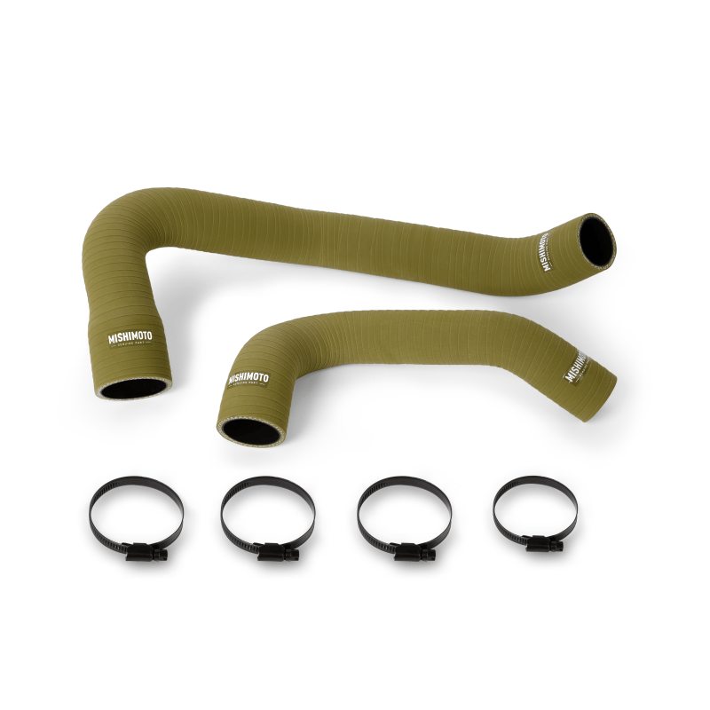 Olive drab Mishimoto silicone radiator hoses with worm gear clamps for Jeep Wrangler