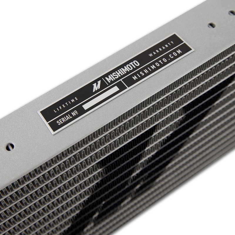 Silver Mishimoto Cooling transmission cooler designed for 6.6L Duramax L5P trucks