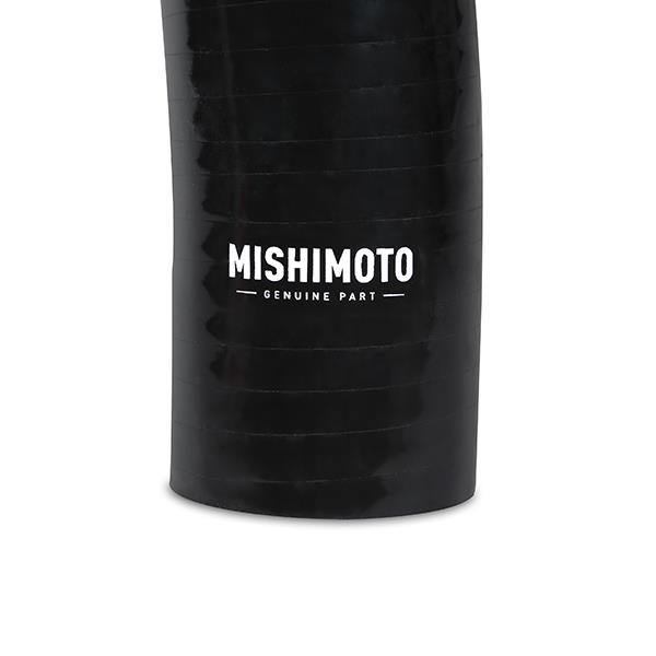 Black Mishimoto silicone lower radiator hose rated to 330°F maximum temperature