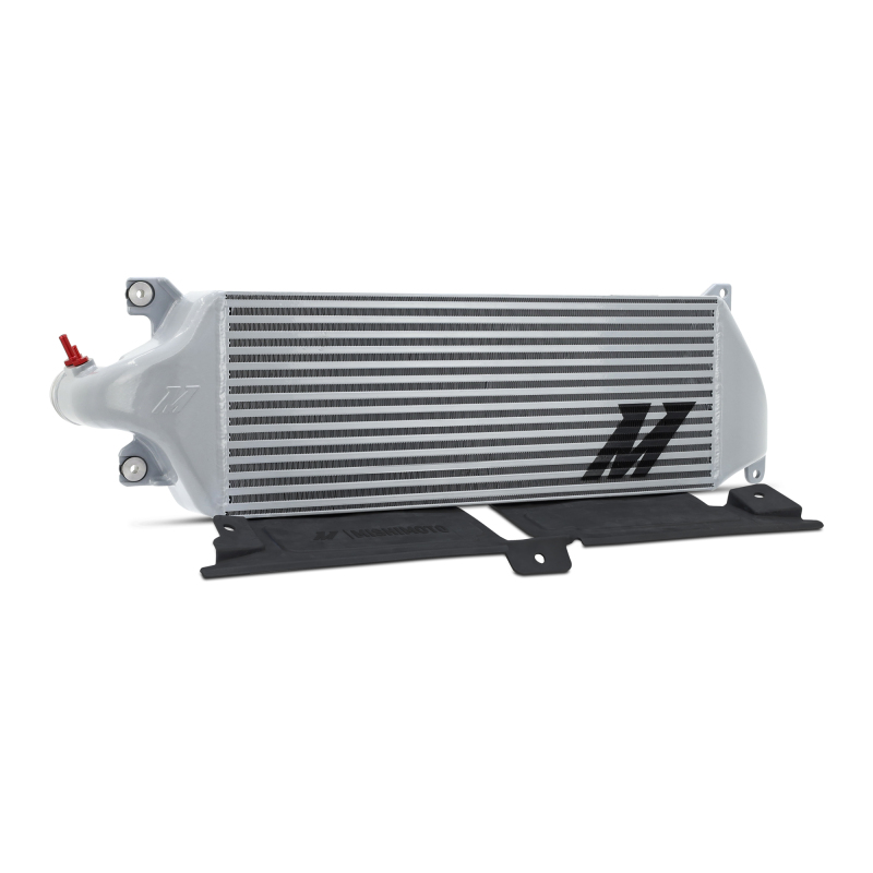 Close-up of Mishimoto intercooler core showing 55% larger bar-and-plate construction
