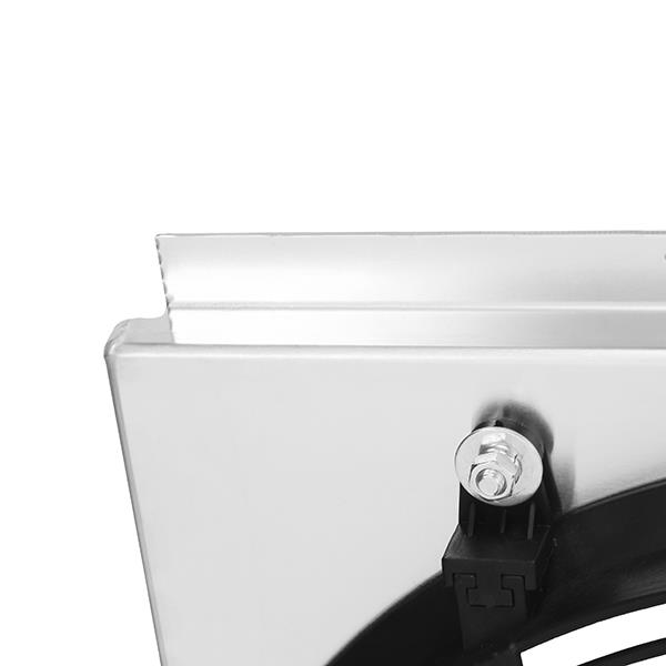 Two 14-inch Mishimoto electric fans on aluminum shroud each producing over 1,300 cfm