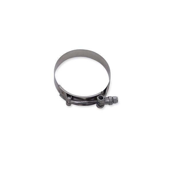 Close-up of Mishimoto T-bolt clamp band showing 0.75 inch width and stainless steel build
