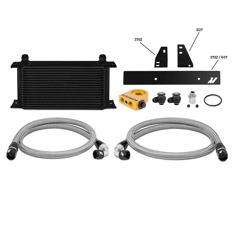 Black anodized bar-and-plate oil cooler core with AN flare fittings from Mishimoto oil cooler kit