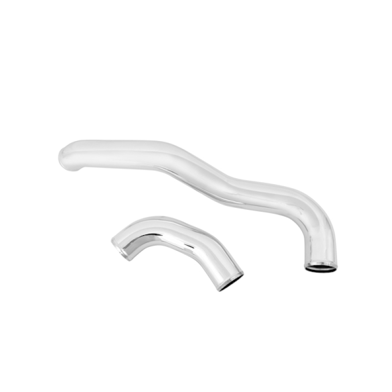 Two-piece aluminum intercooler pipe kit installed on a 2008-2010 Ford Super Duty 6.4L Powerstroke
