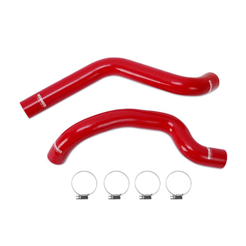 Red Mishimoto silicone radiator hoses with heat-resistant embedded fibers for Jeep Wrangler