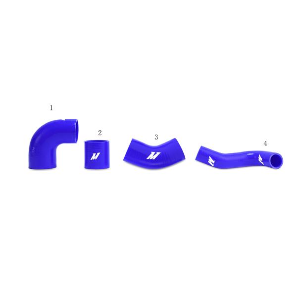 Blue silicone couplers and T-bolt clamps included with Mishimoto Evolution intercooler pipe kit