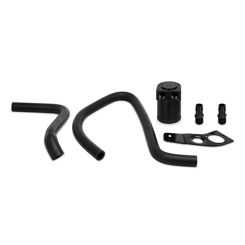 Mishimoto BMW N55 baffled oil catch can shown with black anodized 6061-T6 billet aluminum construction