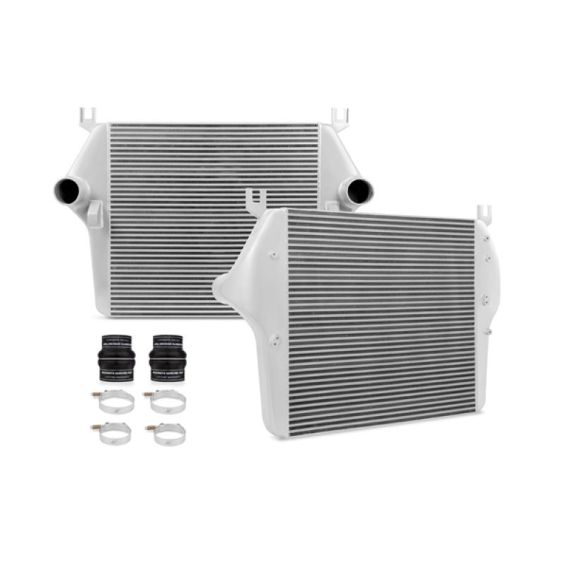 Cast aluminum end tanks on Mishimoto Cummins intercooler with 3.5-inch male inlet and outlet