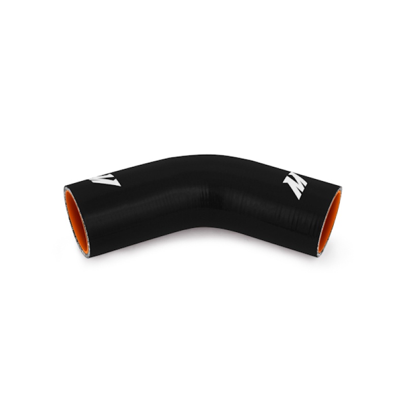 Black Mishimoto silicone air intake coupler with 45-degree bend for custom piping builds