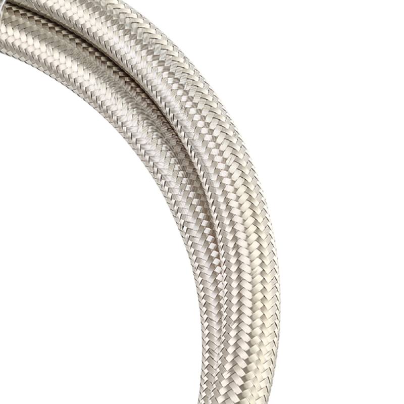 Close-up of Mishimoto stainless steel braided line for radiator