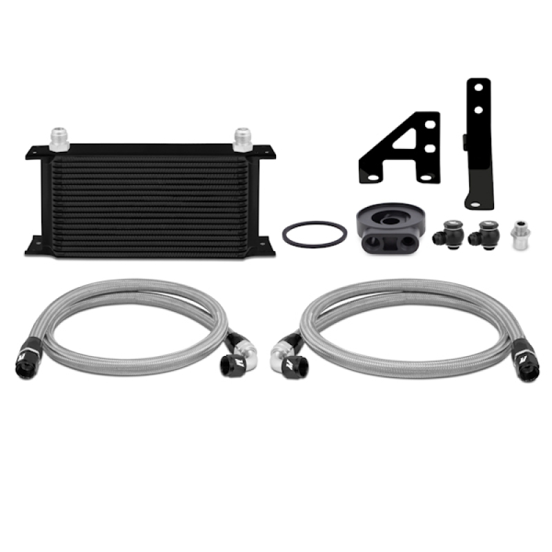 19-row bar-and-plate Mishimoto oil cooler core mounted in the Subaru WRX front bumper opening