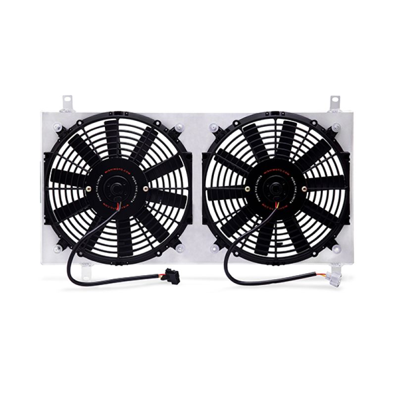 Mishimoto fan shroud mounted to a Mazda Miata aluminum radiator