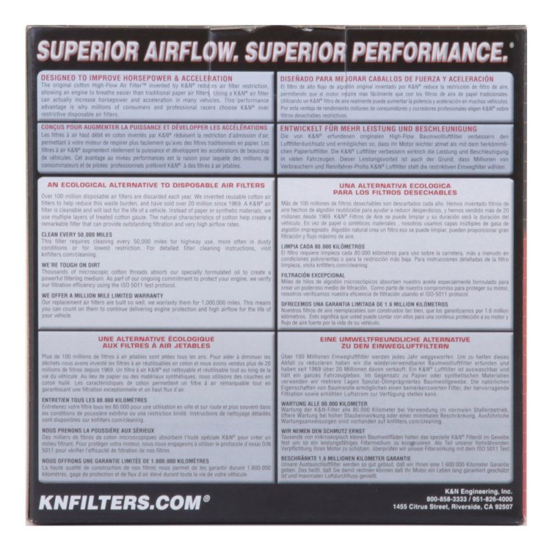 Reusable K&N air filter for enhanced performance