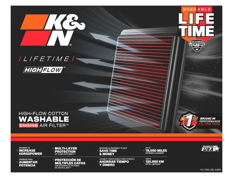 K&N reusable air filter with no-hassle warranty