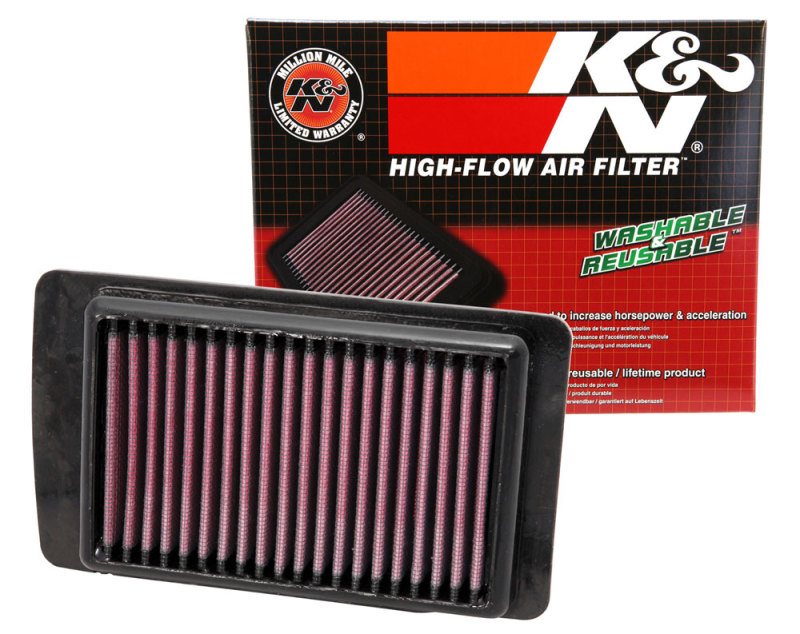 Close-up of K&N PL-1608 air filter showing oiled cotton gauze material